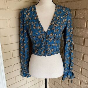 Urban Outfitters Top S Blue Floral Cropped Balloon Sleeve Boho Festival NEW